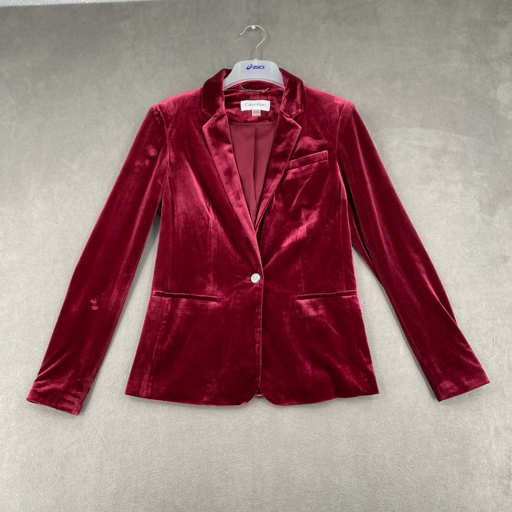 Calvin Klein Burgundy Velvet Blazer Single Button Jacket Wine Red Size 4